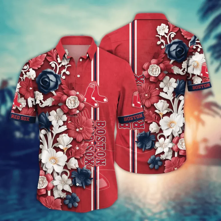 Boston Red Sox Elegant Floral Stripe Hawaiian Shirt Boston Red Sox Elegant Floral Stripe Hawaiian Shirt