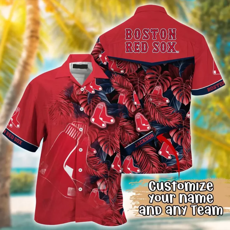 Boston Red Sox Personalized Leaf Pattern Hawaiian Shirt Boston Red Sox Personalized Leaf Pattern Hawaiian Shirt