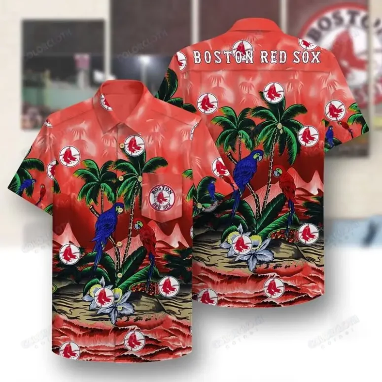 Boston Red Sox Tropical Paradise Parrot Hawaiian Shirt Boston Red Sox Tropical Paradise Parrot Hawaiian Shirt