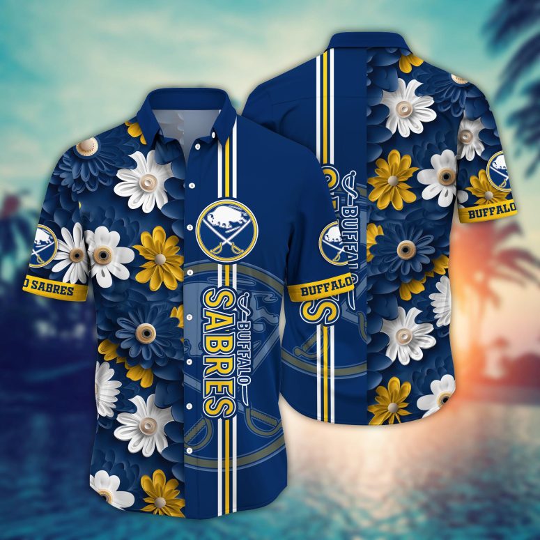 Buffalo Sabres Bold Daisy Stripe Hawaiian Shirt Buffalo Sabres Bold Daisy Stripe Hawaiian Shirt