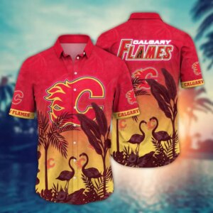 Calgary Flames Flamingo Sunset Hawaiian Shirt