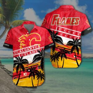 Calgary Flames Sunset Palms Hawaiian Shirt