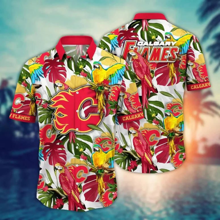Calgary Flames Tropical Parrot Hawaiian Shirt Calgary Flames Tropical Parrot Hawaiian Shirt
