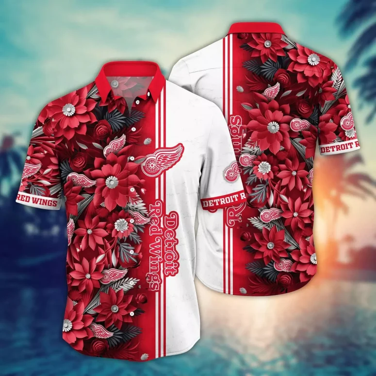 Detroit Red Wings Blooming Flowers Hawaiian Shirt Detroit Red Wings Blooming Flowers Hawaiian Shirt