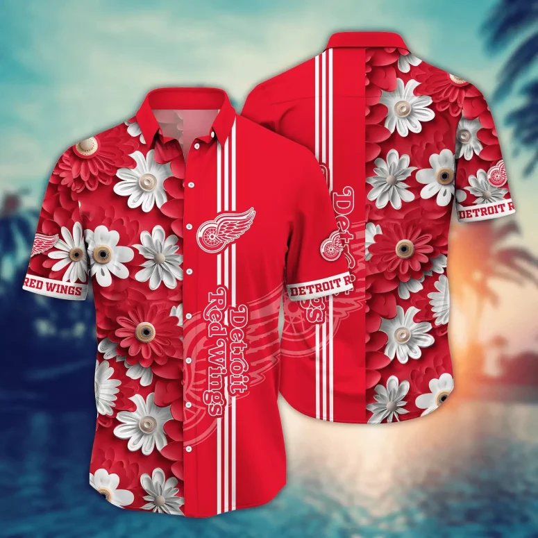 Detroit Red Wings Floral Stripes Hawaiian Shirt Detroit Red Wings Floral Stripes Hawaiian Shirt