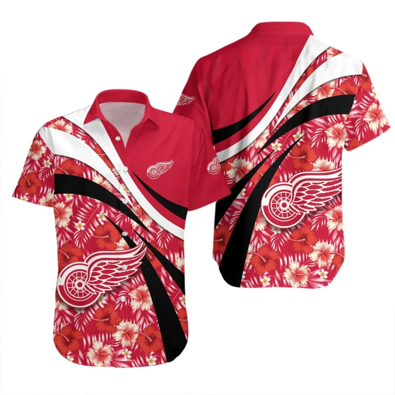 Detroit Red Wings Hibiscus Wave Hawaiian Shirt Detroit Red Wings Hibiscus Wave Hawaiian Shirt