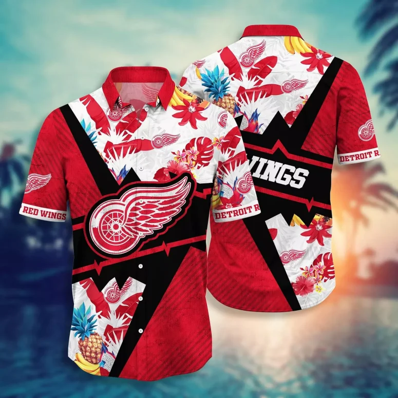 Detroit Red Wings Tropical Starburst Hawaiian Shirt Detroit Red Wings Tropical Starburst Hawaiian Shirt