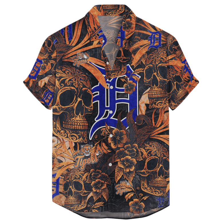 Detroit Tigers Vintage Skull Floral Hawaiian Shirt Detroit Tigers Vintage Skull Floral Hawaiian Shirt