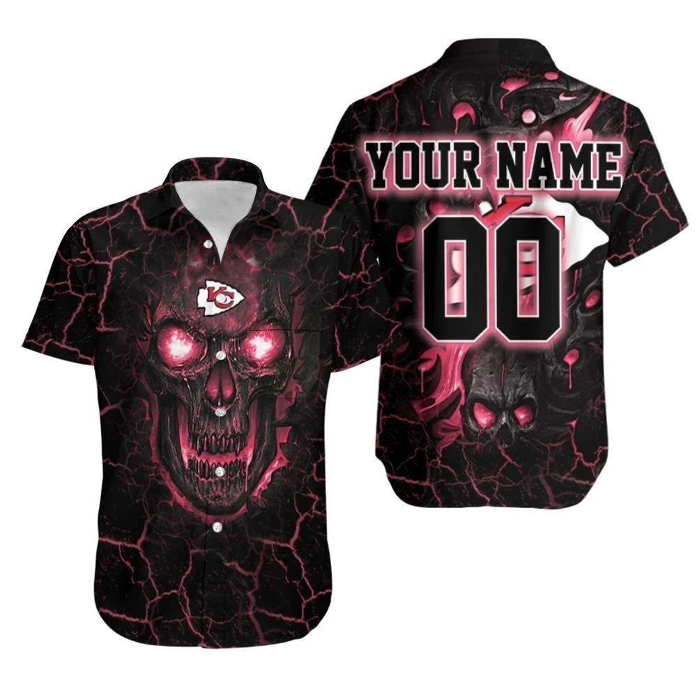 Kansas City Chiefs Fierce Skull Custom Name and Number NFL Football Team Hawaiian Shirt Kansas City Chiefs Fierce Skull Custom Name and Number NFL Football Team Hawaiian Shirt