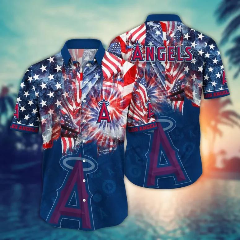 Los Angeles Angels Patriotic Fireworks Hawaiian Shirt Los Angeles Angels Patriotic Fireworks Hawaiian Shirt