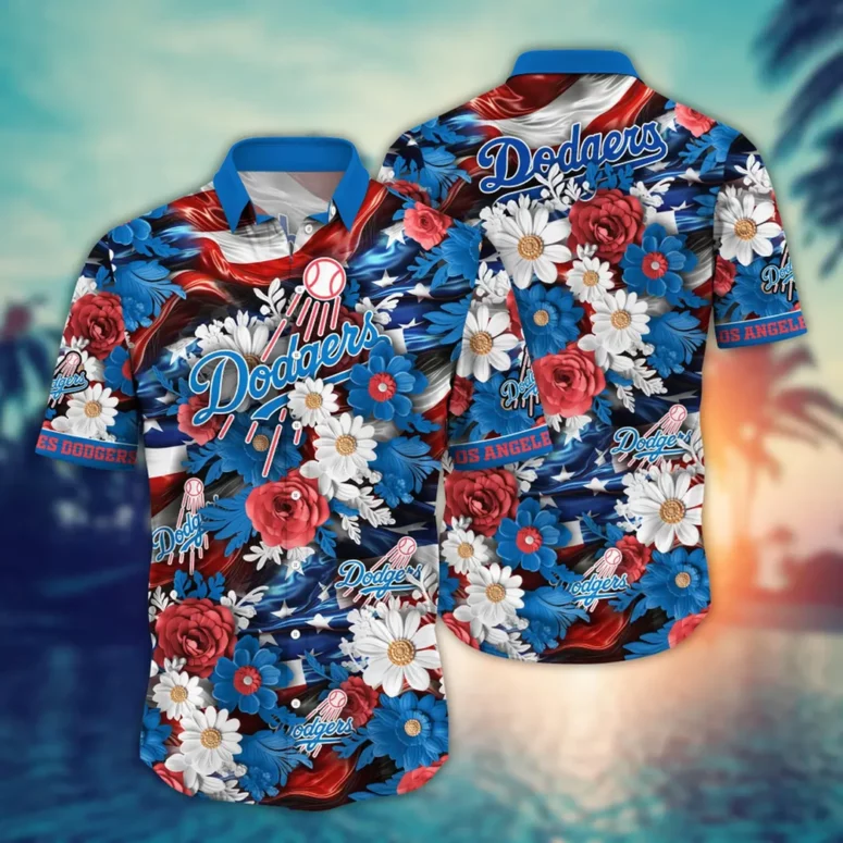 Los Angeles Dodgers Patriotic Floral Hawaiian Shirt Los Angeles Dodgers Patriotic Floral Hawaiian Shirt