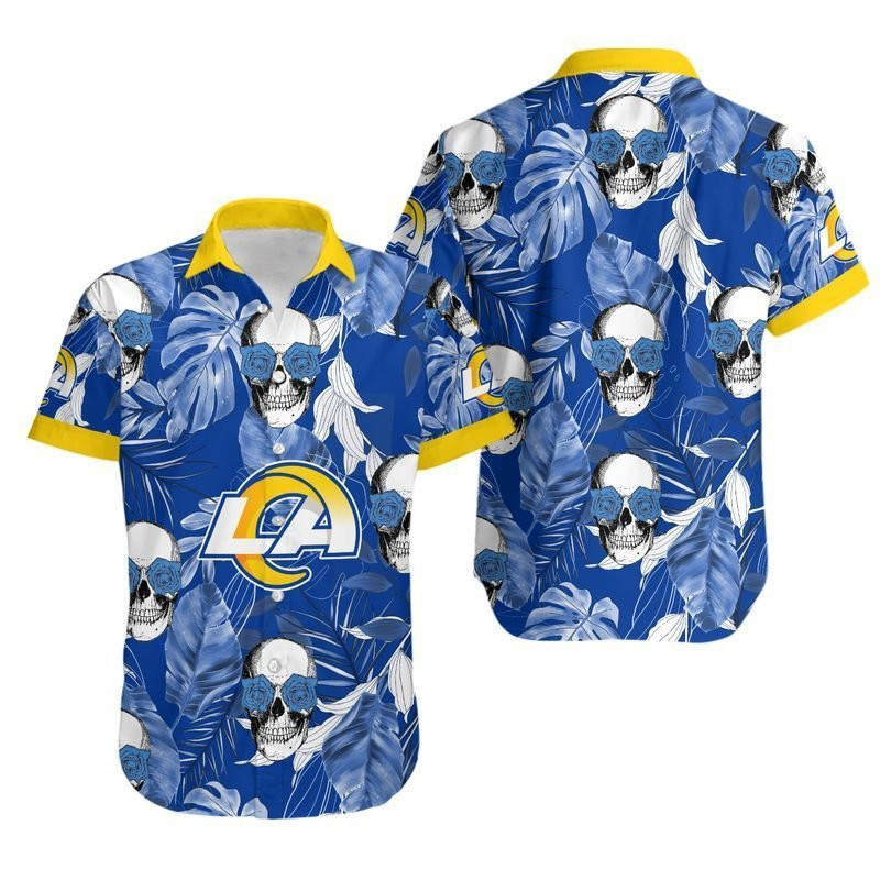 Los Angeles Rams NFL Coconut Leaves And Skulls Hawaiian Shirt Los Angeles Rams NFL Coconut Leaves And Skulls Hawaiian Shirt