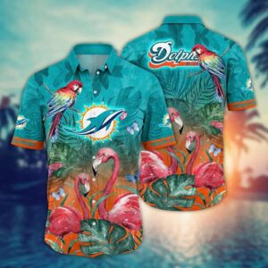 Miami Dolphins Pink Flamingo NFL Football Team Hawaiian Shirt