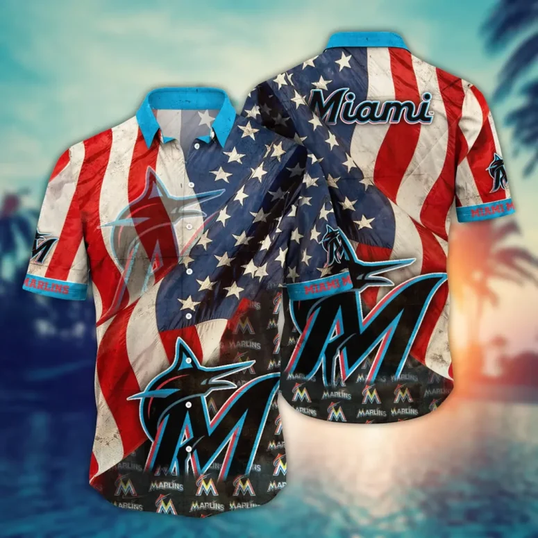 Miami Marlins American Flag Style Hawaiian Shirt Miami Marlins American Flag Style Hawaiian Shirt