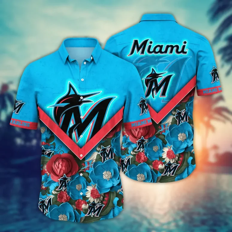 Miami Marlins Chevron Floral Hawaiian Shirt Miami Marlins Chevron Floral Hawaiian Shirt