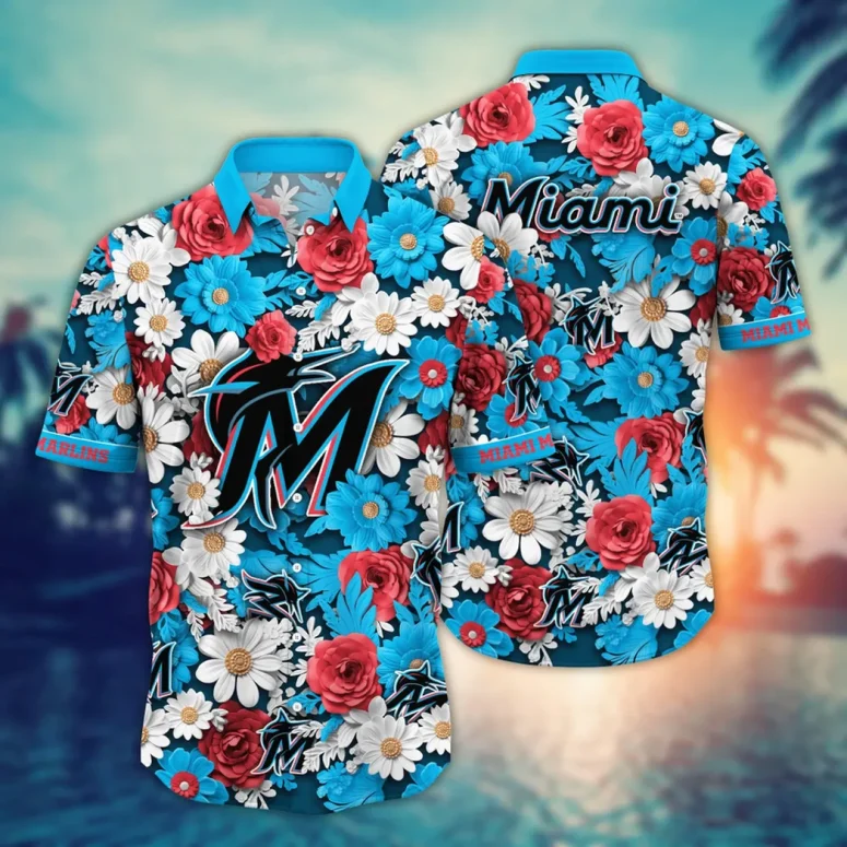 Miami Marlins Floral Paradise Hawaiian Shirt Miami Marlins Floral Paradise Hawaiian Shirt