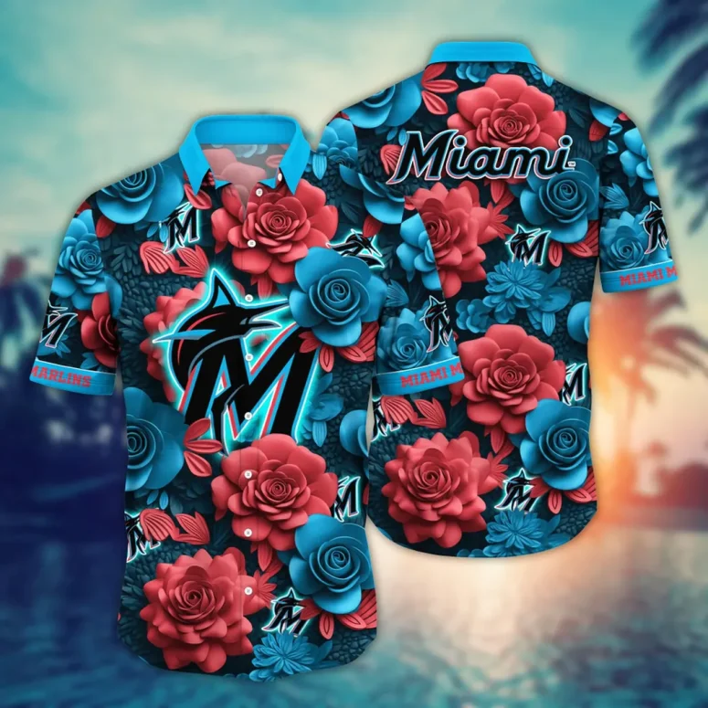 Miami Marlins Midnight Rose Hawaiian Shirt Miami Marlins Midnight Rose Hawaiian Shirt