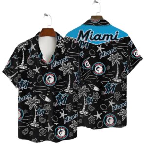 Miami Marlins Retro Beach Sketch Black Hawaiian Shirt