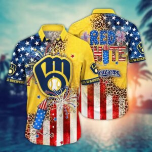 Milwaukee Brewers Firework US FLag Style Hawaiian Shirt