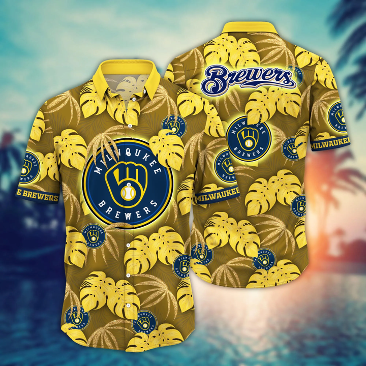 Milwaukee Brewers Golden Leaf Hawaiian Shirt Milwaukee Brewers Golden Leaf Hawaiian Shirt