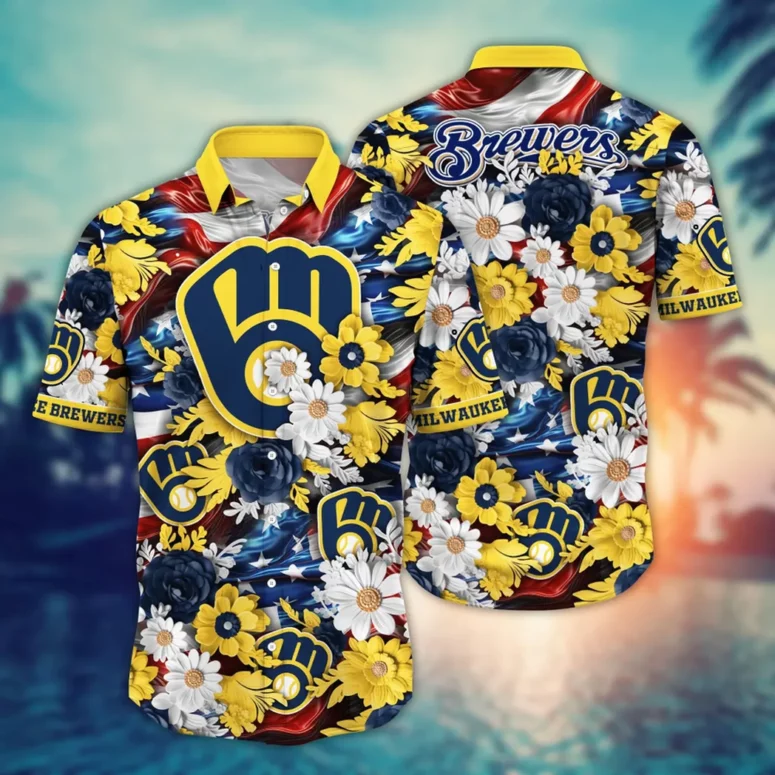 Milwaukee Brewers Patriotic Blooms Hawaiian Shirt Milwaukee Brewers Patriotic Blooms Hawaiian Shirt