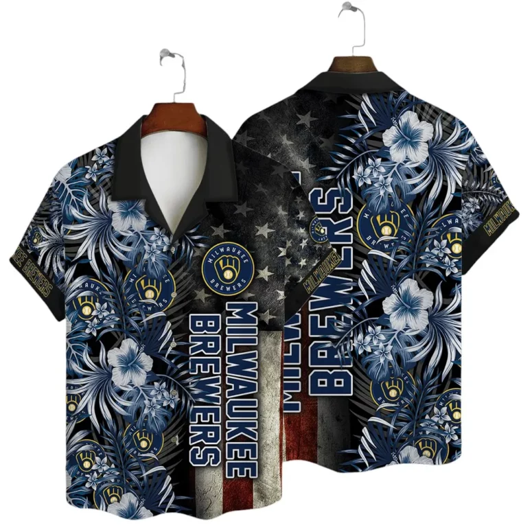 Milwaukee Brewers Patriotic Floral Hawaiian Shirt Milwaukee Brewers Patriotic Floral Hawaiian Shirt