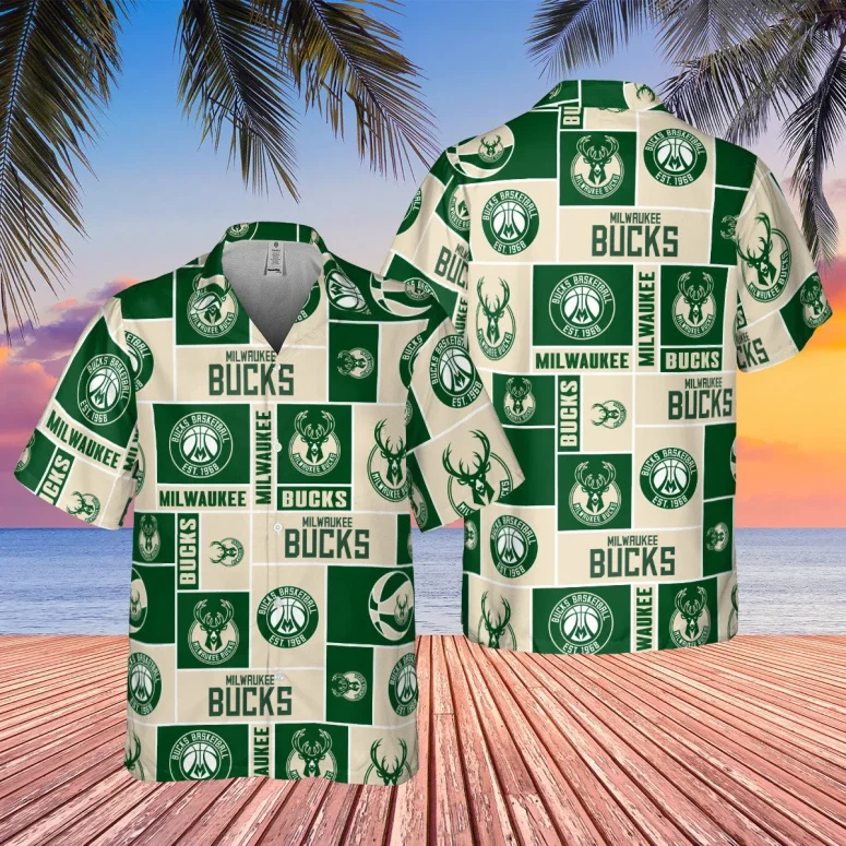 Milwaukee Bucks Logo Block Hawaiian Shirt Milwaukee Bucks Logo Block Hawaiian Shirt