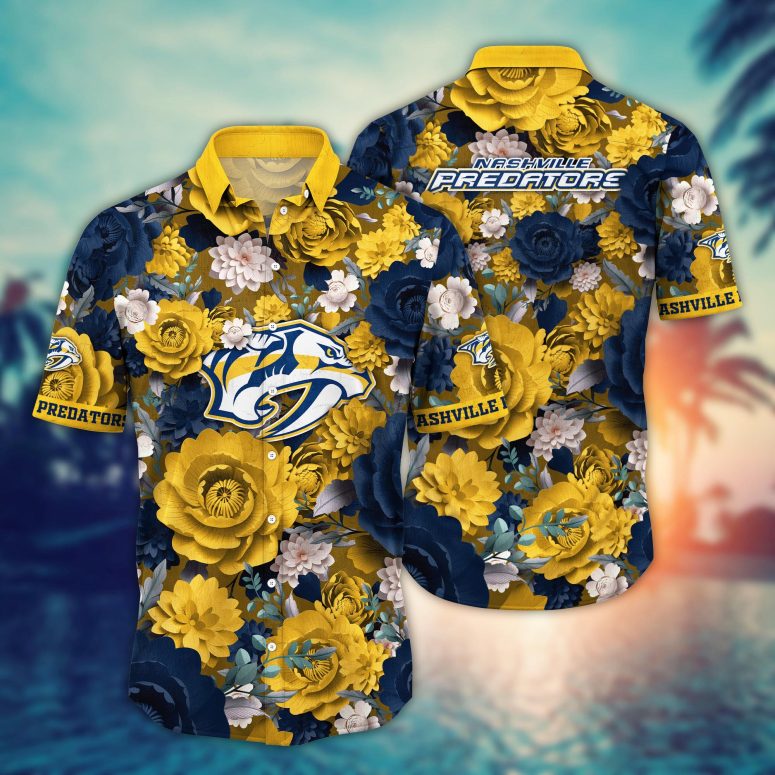 Nashville Predators Bold Floral Hawaiian Shirt Nashville Predators Bold Floral Hawaiian Shirt