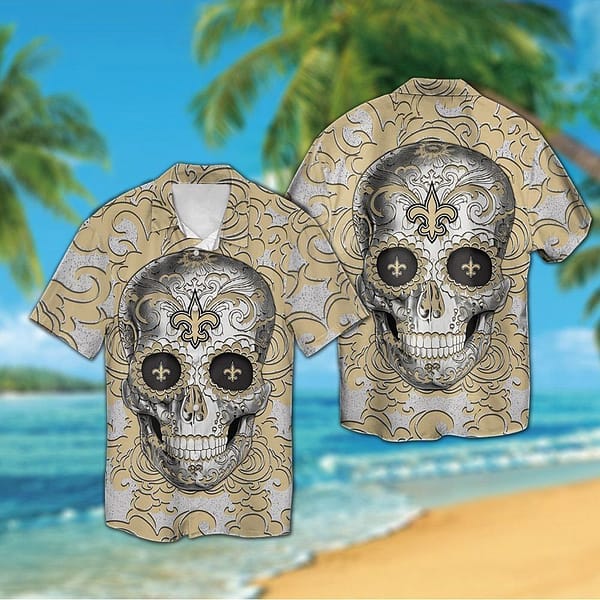 New Orleans Saints Flowery Skull NFL Football Team Hawaiian Shirt New Orleans Saints Flowery Skull NFL Football Team Hawaiian Shirt