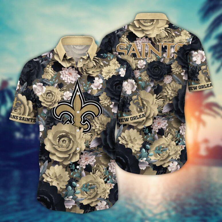 New Orleans Saints Noir Bloom Hawaiian Shirt New Orleans Saints Noir Bloom Hawaiian Shirt