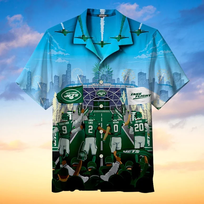New York Jets Skyline Victory Hawaiian Shirt New York Jets Skyline Victory Hawaiian Shirt