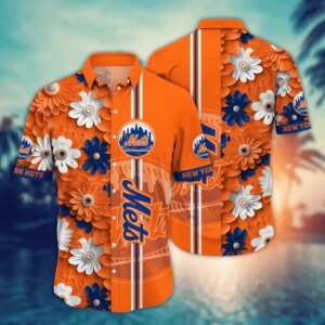New York Mets Mets Orange and Blue Floral Hawaiian Shirt