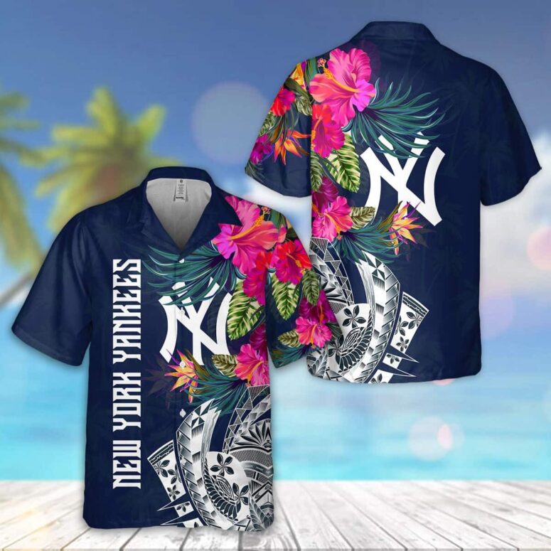 New York Yankees Floral Fusion Hawaiian Shirt New York Yankees Floral Fusion Hawaiian Shirt