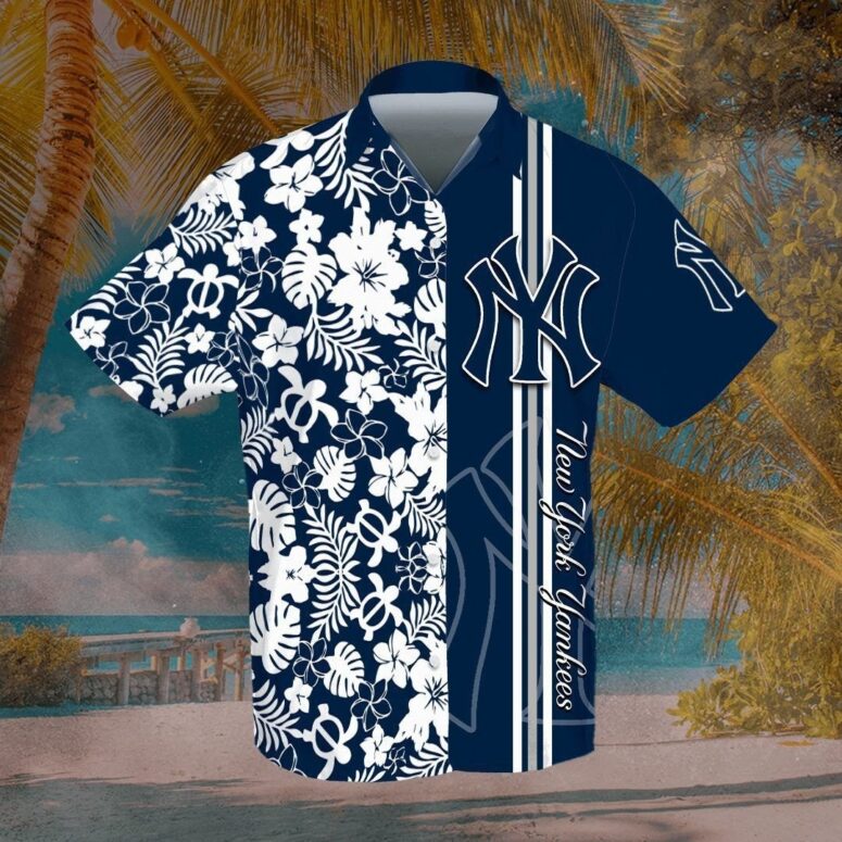 New York Yankees Floral Stripe Hawaiian Shirt New York Yankees Floral Stripe Hawaiian Shirt
