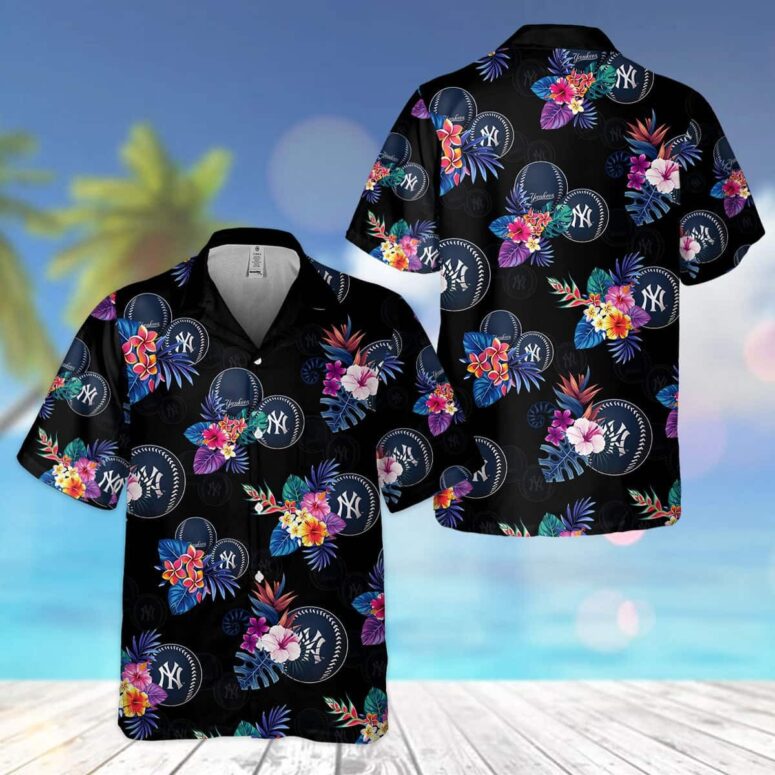 New York Yankees Midnight Blossom Hawaiian Shirt New York Yankees Midnight Blossom Hawaiian Shirt