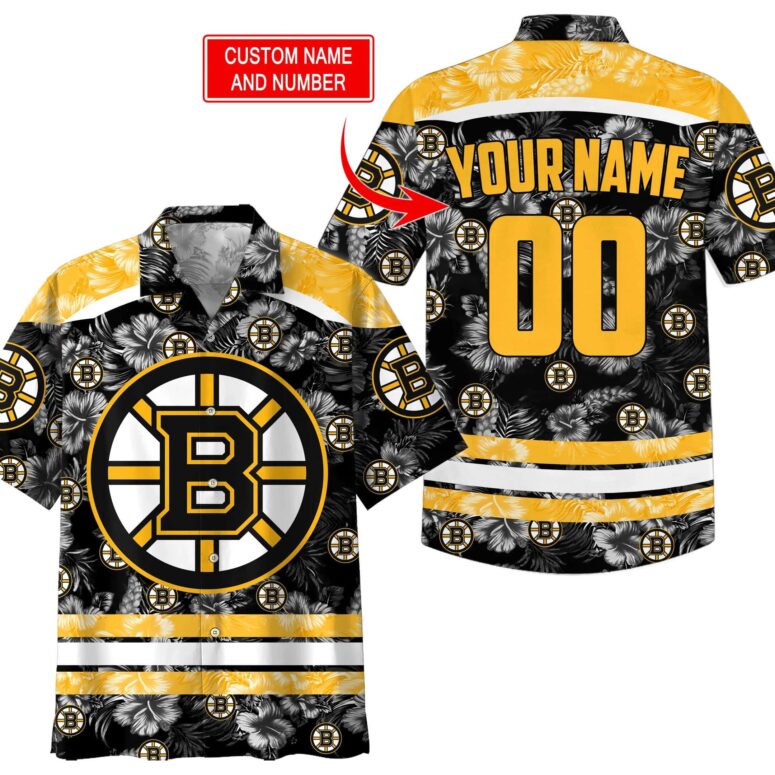 Personalized Boston Bruins Hibiscus Stripe Hawaiian Shirt Personalized Boston Bruins Hibiscus Stripe Hawaiian Shirt