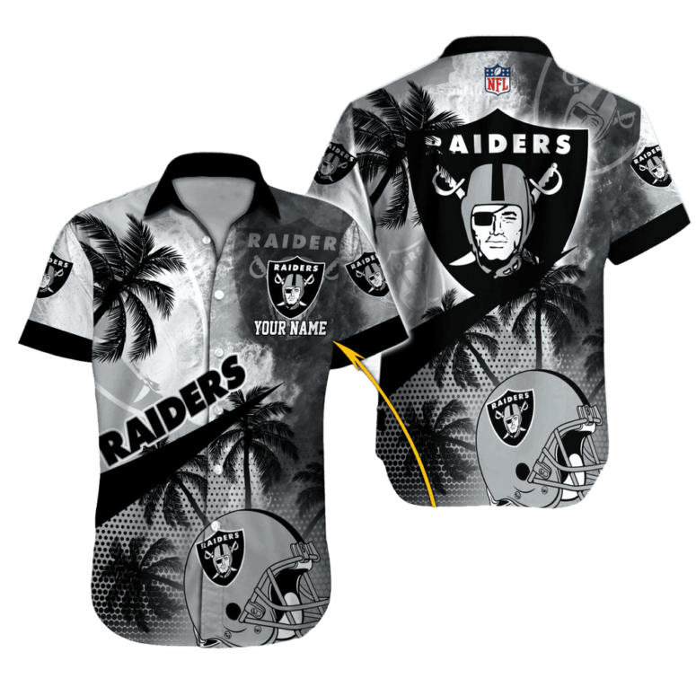 Personalized Las Vegas Raiders Palms and Helmets Hawaiian Shirt Personalized Las Vegas Raiders Palms and Helmets Hawaiian Shirt