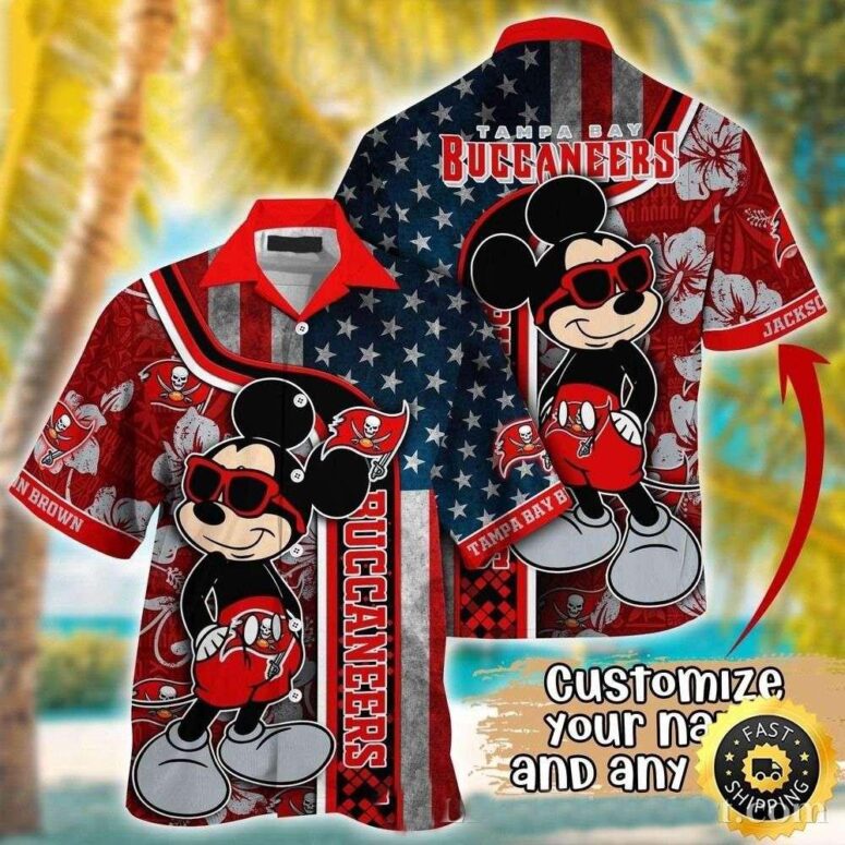 Personalized Tampa Bay Buccaneers Mickey American Flag Hawaiian Shirt Personalized Tampa Bay Buccaneers Mickey American Flag Hawaiian Shirt