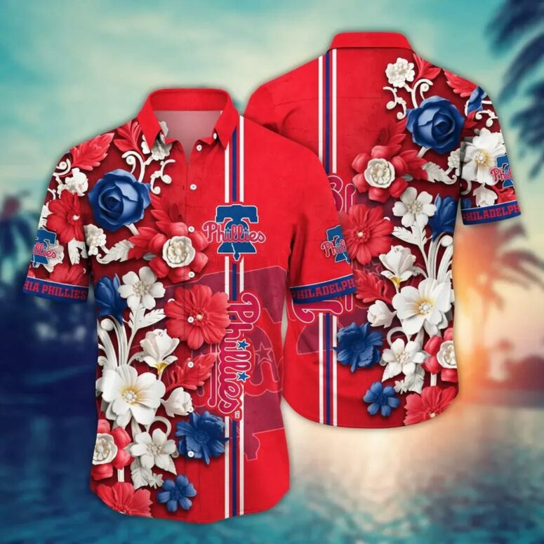 Philadelphia Phillies Bold Floral Stripes Hawaiian Shirt Philadelphia Phillies Bold Floral Stripes Hawaiian Shirt