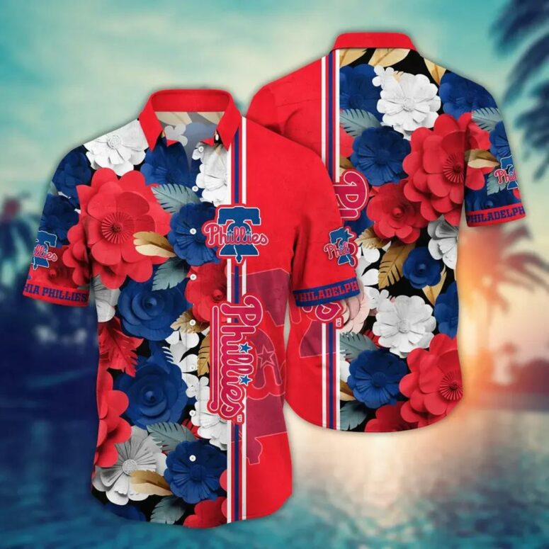 Philadelphia Phillies Bold Floral and Stripes Hawaiian Shirt Philadelphia Phillies Bold Floral and Stripes Hawaiian Shirt