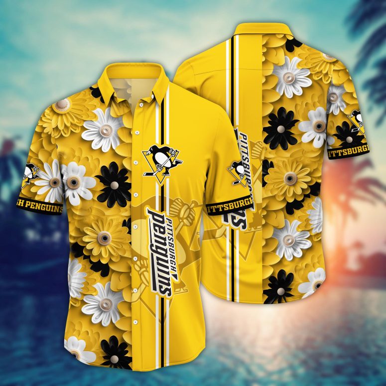 Pittsburgh Penguins Golden Stripe Floral Hawaiian Shirt Pittsburgh Penguins Golden Stripe Floral Hawaiian Shirt