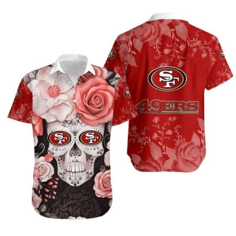 San Francisco 49ers Sugar Skull Rose Hawaiian Shirt San Francisco 49ers Sugar Skull Rose Hawaiian Shirt
