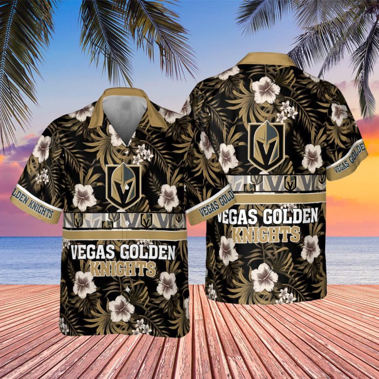 Vegas Golden Knights Striped Floral Hawaiian Shirt Vegas Golden Knights Striped Floral Hawaiian Shirt