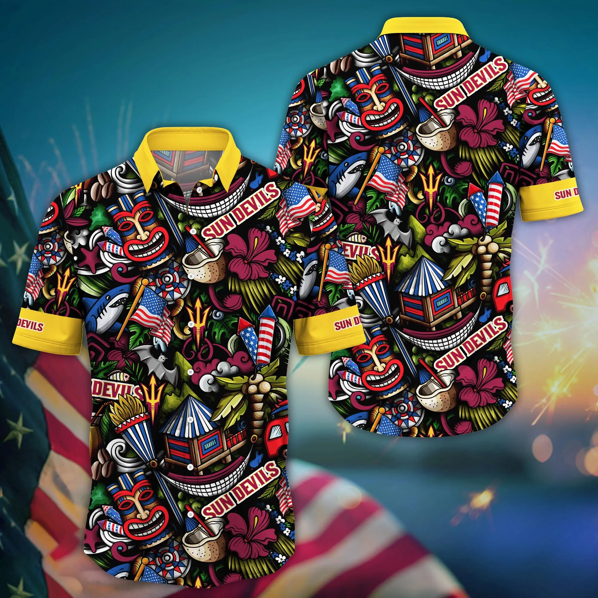 Arizona State Sun Devils Tiki Flowers Aloha Hawaiian Shirt Arizona State Sun Devils Tiki Flowers Aloha Hawaiian Shirt