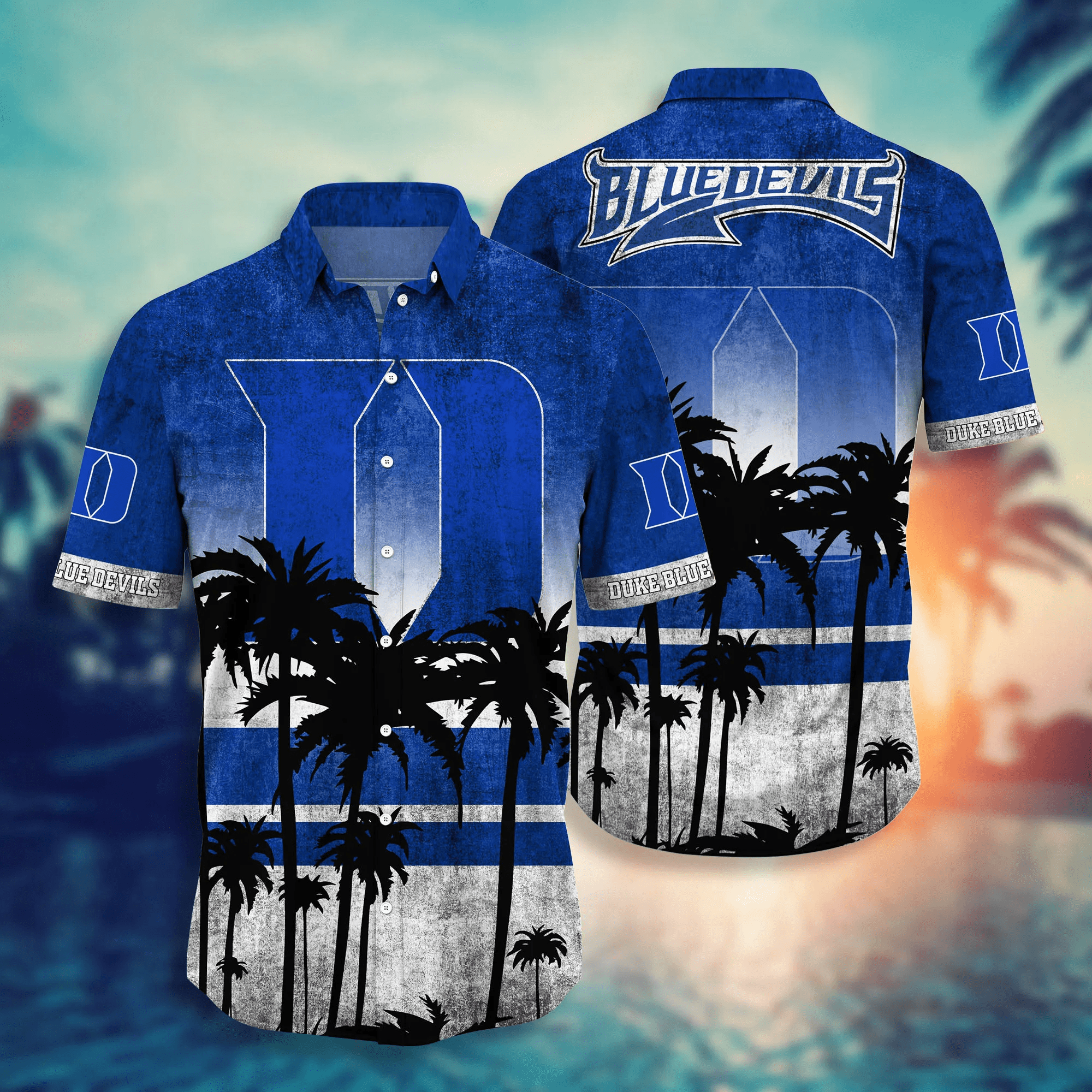 Duke Blue Devils Black Palm Tree Hawaiian Shirt Duke Blue Devils Black Palm Tree Hawaiian Shirt