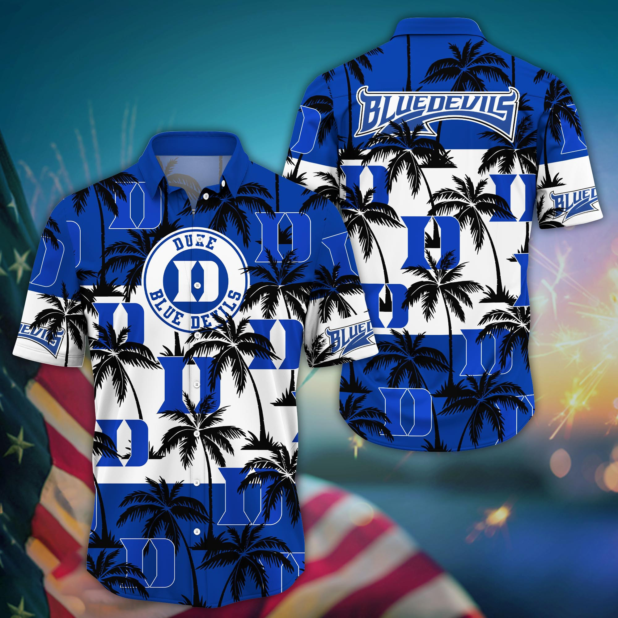 Duke Blue Devils Black Palm Tree Hawaiian Shirt Duke Blue Devils Black Palm Tree Hawaiian Shirt