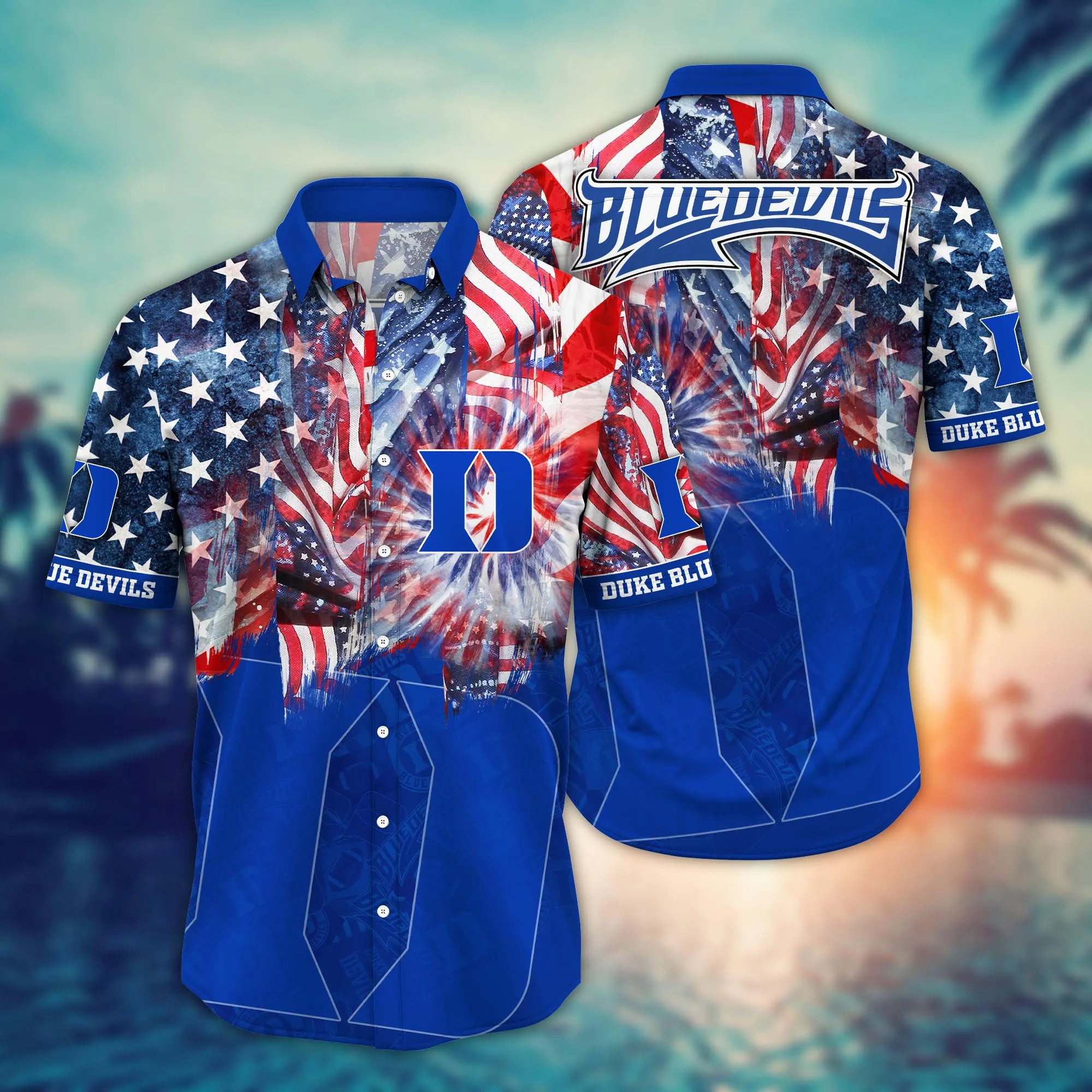 Duke Blue Devils US Independence Day America Flag Pattern Hawaiian Shirt Duke Blue Devils US Independence Day America Flag Pattern Hawaiian Shirt