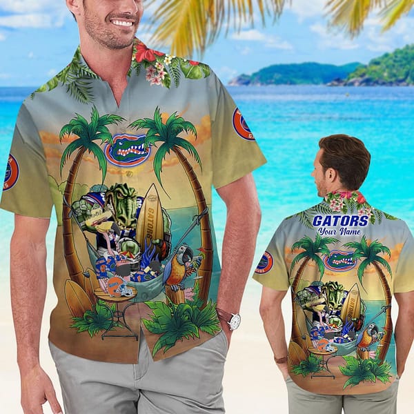 Florida Gators Party Flamingo Parrot In Beach Hawaiian Shirt Florida Gators Party Flamingo Parrot In Beach Hawaiian Shirt