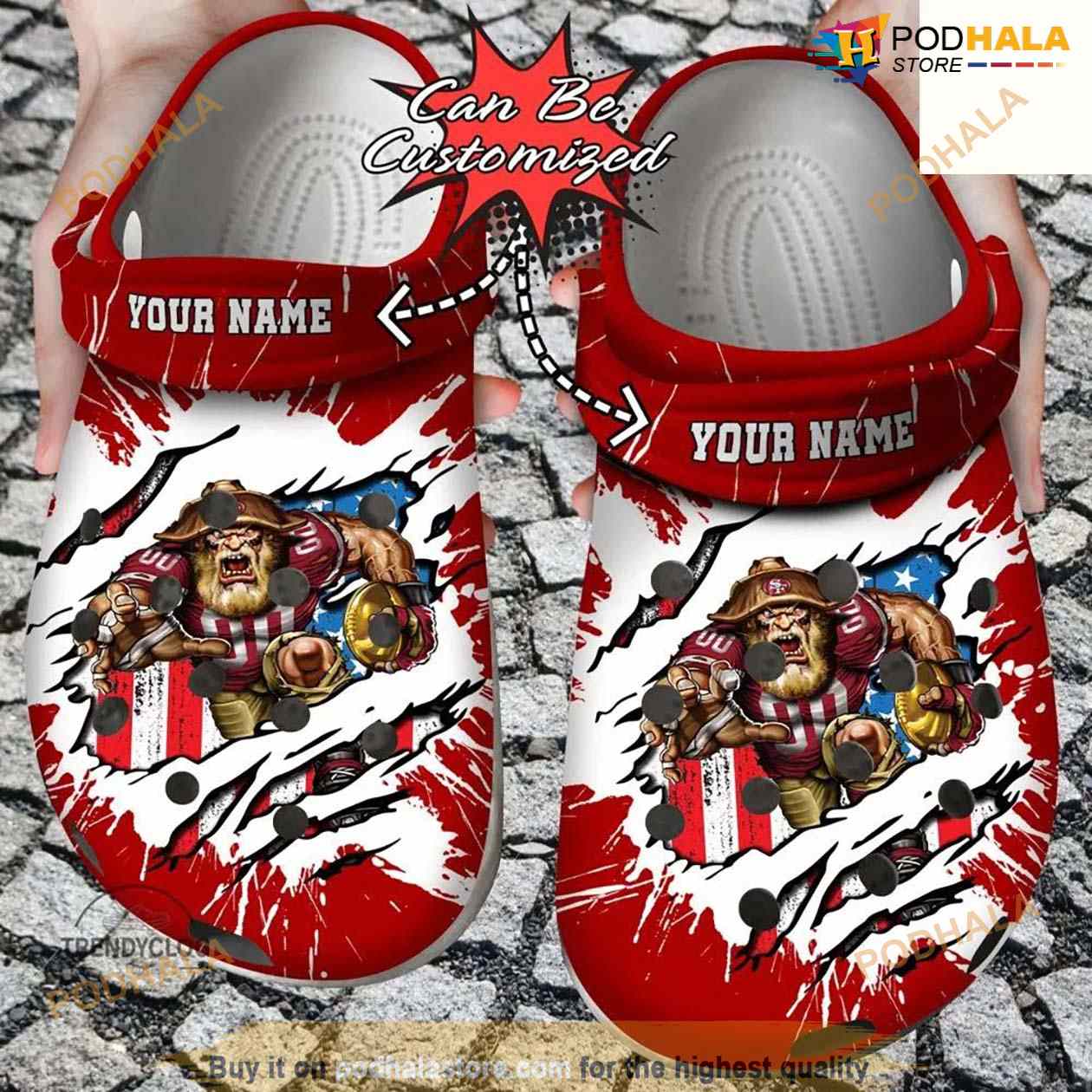 Football Crocs Personalized Sf 49ers Mascot Ripped Flag Clog Shoes Football Crocs Personalized Sf 49ers Mascot Ripped Flag Clog Shoes