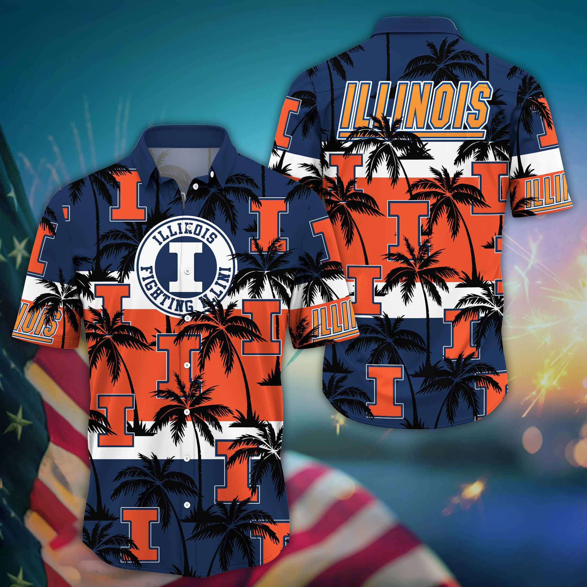 Illinois Fighting Illini Black Palm Tree Island Hawaiian Shirt Illinois Fighting Illini Black Palm Tree Island Hawaiian Shirt